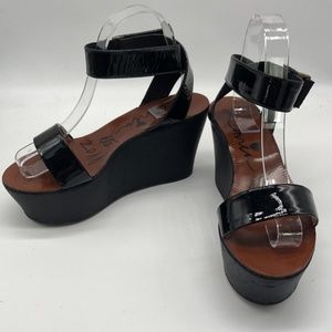Lanvin Black Patent Leather Ankle Strap Open Toe Wedge Sandal sz 39